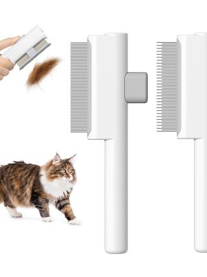 2Pcs Pet Comb Flea Comb Set for Cats Dogs, Cat Grooming Brush with Release Button and Stainless Steel Round Teeth, Self-Cleaning Dog Combs for Removing Pet Hair, Knots & Loose Fur, White