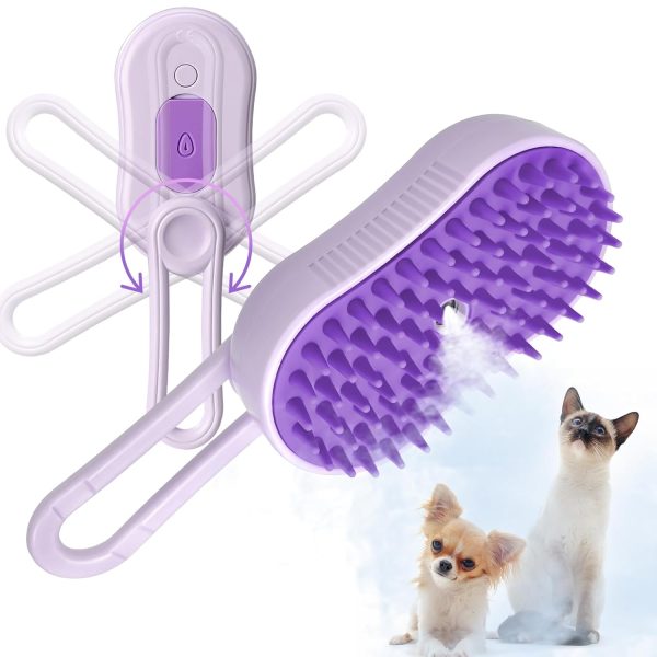 Cat Steam Brush, 3 in 1 Pet Comb for Massage, Cleaning, Shedding and Combing, Electric Mist to Prevent Flyaways for Home, Dogs and Cat Lovers - Purple