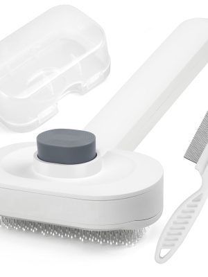 Soft Cat Brush for Indoor Cats Shedding with Protective Case, Flea Comb Included, Self-Cleaning Slicker Brush for Cats, Sensitive Cat Pet Hair Removal Tools Grooming Supplies