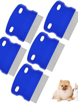 5 Pack Flea Lice Comb, Stainless Steel Dog Cat Grooming Combs with Rounded Teeth, Professional Pet Tear Stain Remover, Dematting Tool for Small, Medium & Large Pets