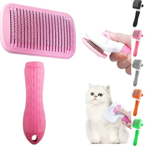 Pink Cat grooming brush, Pet hair brush with Massage Particles, Self Cleaning Dematting Comb for Dogs and Cats, Easy to Use, Ergonomic Handle Design