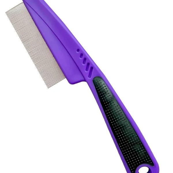 Flea Comb with Rubber Handle, Flea and Tick Combs for Dogs & Cats, Fine Tooth Dog Comb for Grooming (Purple)