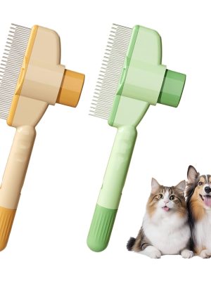 2-Pack Pet Hair Removal Comb & Flea Comb with Release Button for Cats & Dogs - Grooming Brush for Short/Long Hair Green & Yellow
