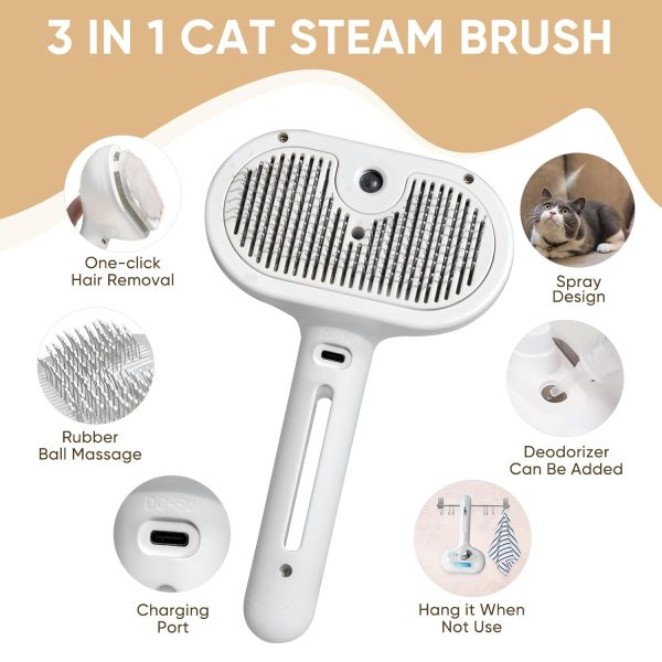 3-in-1 Cat Steam Brush – Pet Grooming & Shedding Comb with Gentle Steam Spray, One-Click Hair Release, Steam Pet Brush for Long & Short Hair Cats & Dogs (White)
