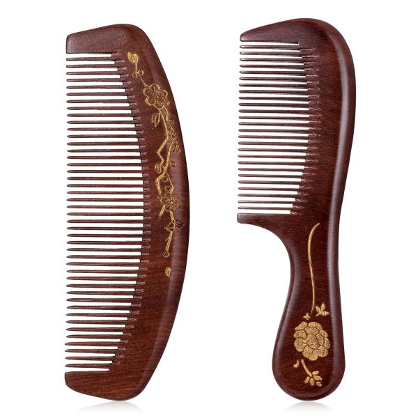 2-Piece Wooden Hair Comb, Sandalwood Fine Tooth Natural Wooden Comb, Anti-Static Detangling Comb
