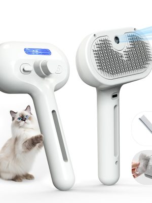 Pet Grooming Brush with Electronic Mist Spray - Gentle Deshedding Tool for Cats & Dogs, Pet Steam Brush，Reduces Shedding, Soft Bristles, Promotes Healthy Coat-Comes with a hair smoothing comb-White