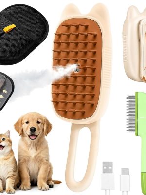 Cat Steam Brush for Shedding, 4 in 1 Rechargeable Steam Brush for Cats and Dogs, Anti-Static, Massage, flea comb for cats& Pet Removal Hair Glove,Shedding & Combing All In One!