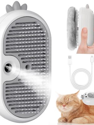 Cat Steam Brush with Release Button, 3 in 1 Rechargeable Pet Spray Water Comb for Long & Short Hair Removal, Self Cleaning Slicker Vapor Brush for Indoor Cats Dogs Rabbits Shedding Grooming