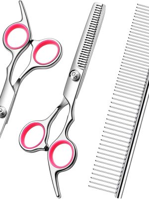 Dog Grooming Scissors with Safety Round Tips Stainless Steel Professional Dog Grooming Kit - Thinning, Curved Scissors and Comb for Cat Pet (Pink 4 in 1)