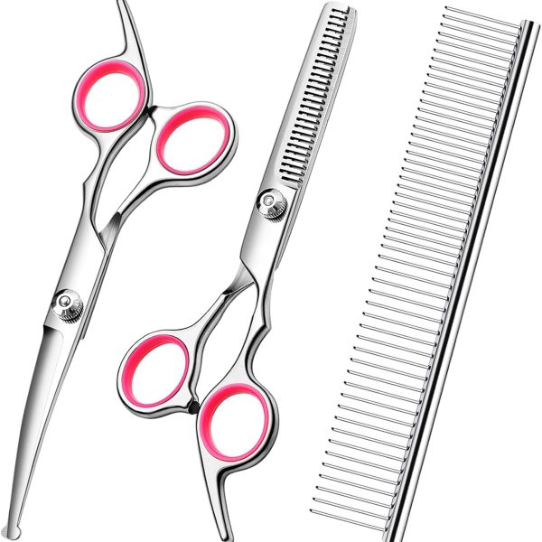 Dog Grooming Scissors with Safety Round Tips Stainless Steel Professional Dog Grooming Kit - Thinning, Curved Scissors and Comb for Cat Pet (Pink 4 in 1)