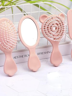 4-Piece Hair Comb Set, Small Travel Hair Comb Set, with Handheld Mirror, Air Cushion Massage Comb (Pink)