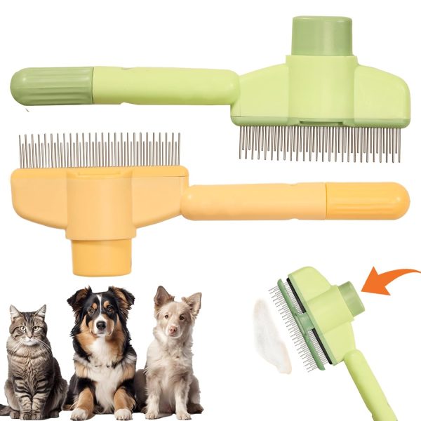 Pet Hair Removal Comb Flea Comb, 2 Pcs Cat De-shedding Combs with Release Button, Cat Grooming Brush with Safe Stainless-Steel Teeth for Long and Short Hair Cats, Cats Brush for Shedding
