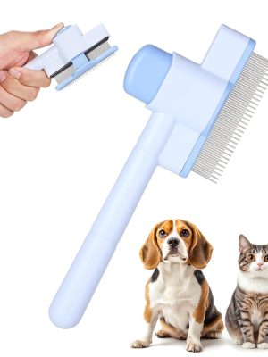 Pet Comb for Cats & Dogs, Pet Hair Removal Tool Flea Comb Self-Cleaning Pets Combs with Long & Short Stainless Steel Metal Teeth for Shedding and Tangles with Release Button