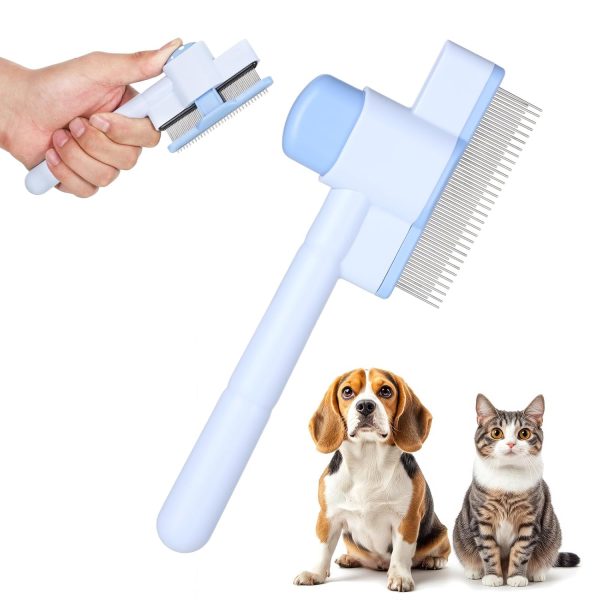 Pet Comb for Cats & Dogs, Pet Hair Removal Tool Flea Comb Self-Cleaning Pets Combs with Long & Short Stainless Steel Metal Teeth for Shedding and Tangles with Release Button