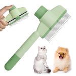 Flea Comb for Cat Hair Removal Comb,  New Self-Cleaning Flea Brush for Cats and Dog, Comfort Cat Hair Removal Tool with Long & Short Stainless Steel Metal Grooming Brush(Green)