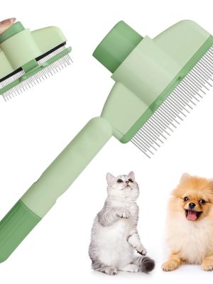Flea Comb for Cat Hair Removal Comb, New Self-Cleaning Flea Brush for Cats and Dog, Comfort Cat Hair Removal Tool with Long & Short Stainless Steel Metal Grooming Brush(Green)