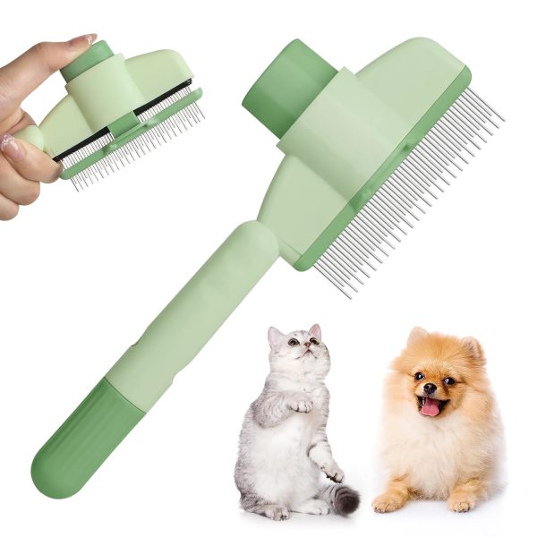 Flea Comb for Cat Hair Removal Comb,  New Self-Cleaning Flea Brush for Cats and Dog, Comfort Cat Hair Removal Tool with Long & Short Stainless Steel Metal Grooming Brush(Green)