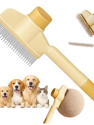 Self-Cleaning Cat and Dog Comb – 2-in-1 Pet Hair Removal and Flea Comb with Stainless Steel Teeth and One-touch Release Button, Suitable for Hair Removal, Detangling, and Grooming Yellow