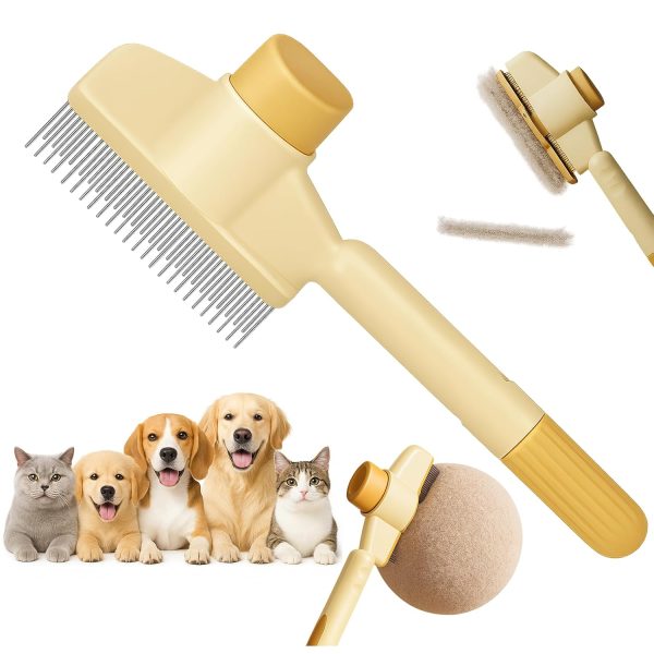 Self-Cleaning Cat and Dog Comb – 2-in-1 Pet Hair Removal and Flea Comb with Stainless Steel Teeth and One-touch Release Button, Suitable for Hair Removal, Detangling, and Grooming Yellow