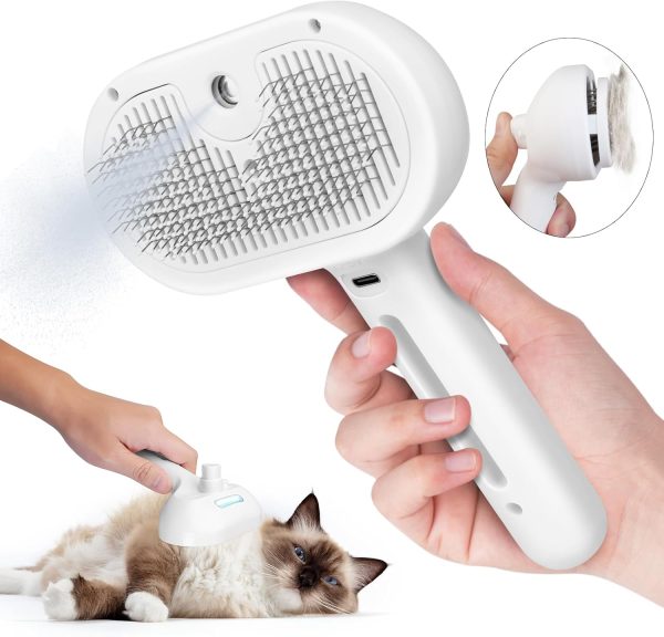 Cat Steam Brush, 3 In 1 Steamy Pet Brush with Release Button and Tank, Anti-Static Cat Comb for Effective Hair Removal, Rechargeable Steam Dog Comb for Furry Pet