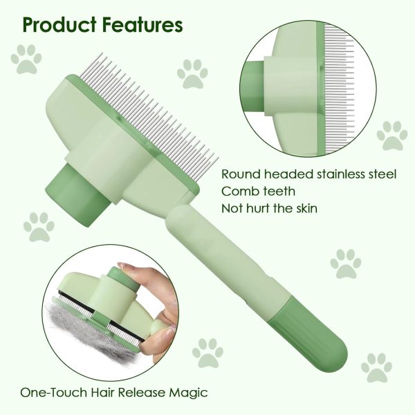 Flea Comb for Cat Hair Removal Comb,  New Self-Cleaning Flea Brush for Cats and Dog, Comfort Cat Hair Removal Tool with Long & Short Stainless Steel Metal Grooming Brush(Green)