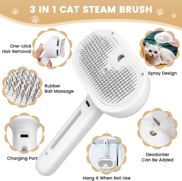 Cat Steam Brush, 3 In 1 Steamy Pet Brush with Release Button and Tank, Anti-Static Cat Comb for Effective Hair Removal, Rechargeable Steam Dog Comb for Furry Pet