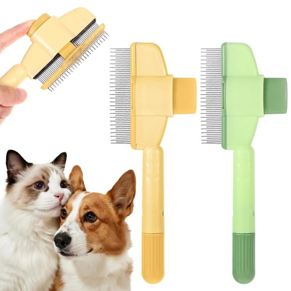 for Cats, 2PCS Pet Hair Removal Tool Cat Flea Comb & Dog Combs,with Self-Cleaning Stainless Steel Teeth,Yellow & Green