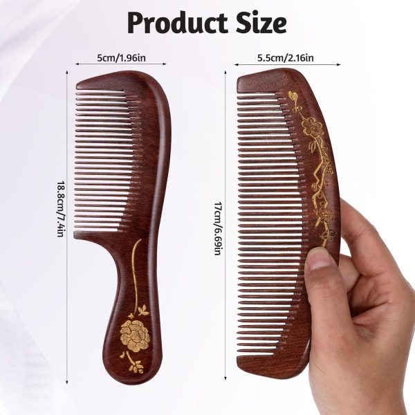 2-Piece Wooden Hair Comb, Sandalwood Fine Tooth Natural Wooden Comb, Anti-Static Detangling Comb