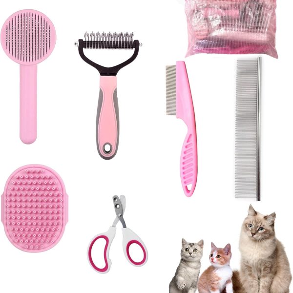 Cat Grooming Brush Kit 6 Tools - Deshedding & Dematting for Long/Short Hair, Self-Cleaning Slicker Brush with 6-in-1 Flea Comb for Cats & Kittens (Pink)