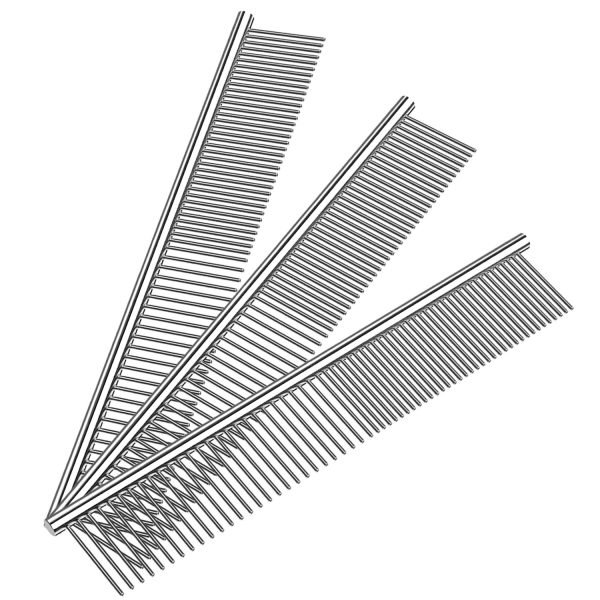 Stainless Steel Comb Set for Dogs and Cats, Pet Metal Brusher, Silver, Pack of 3